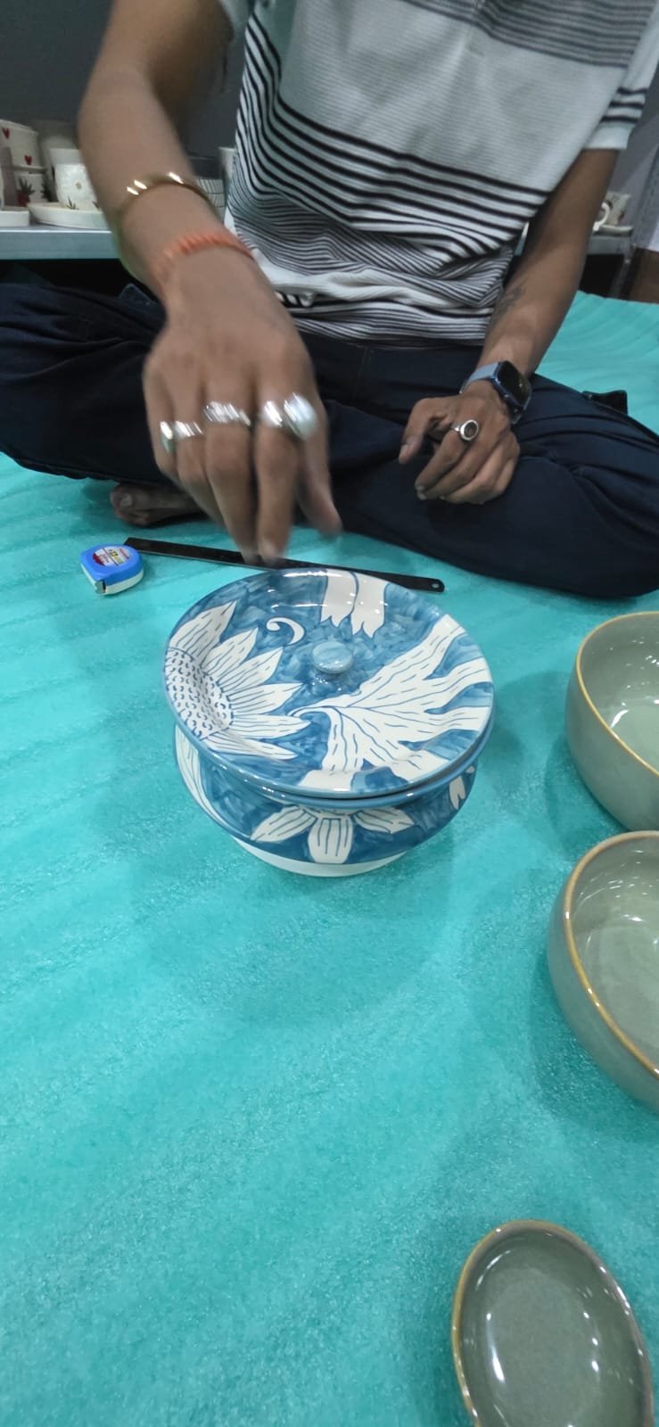 "Blue Floral" Hand-Painted Covered Serving Pot